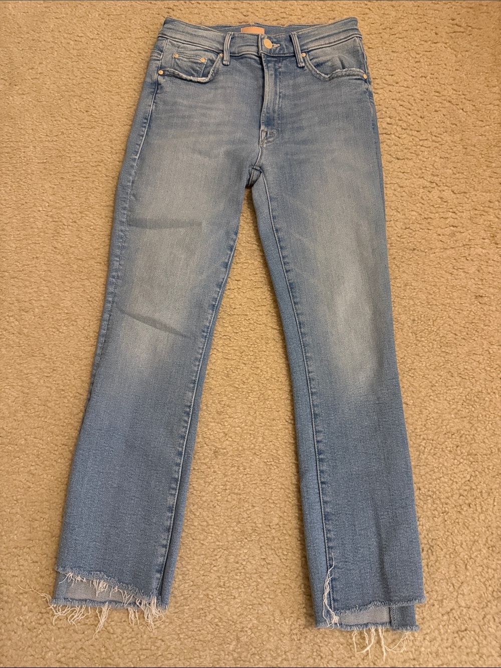 MOTHER Light Blue Cropped Straight-Leg Jeans with Frayed Hem